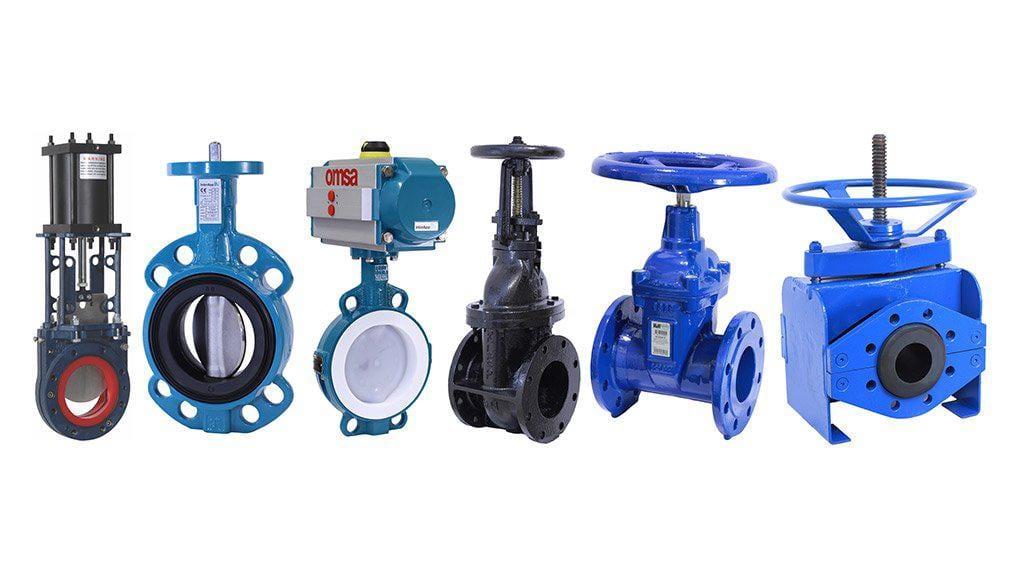 Family of industrial valves including knife gate, butterfly, gate and globe types